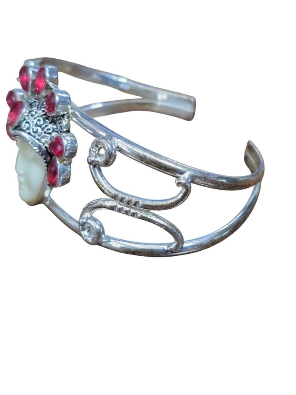 925 Sterling Silver Cuff Bracelet Red Stone Goddess Face Mask Open Bangle - Picture 3 of 9